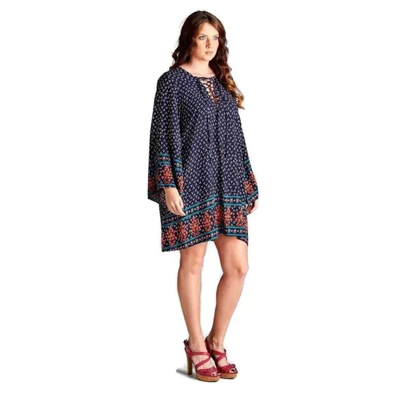 Velzera Border Print Floral Bohemian Dress, Blue - Picture 2 of 4